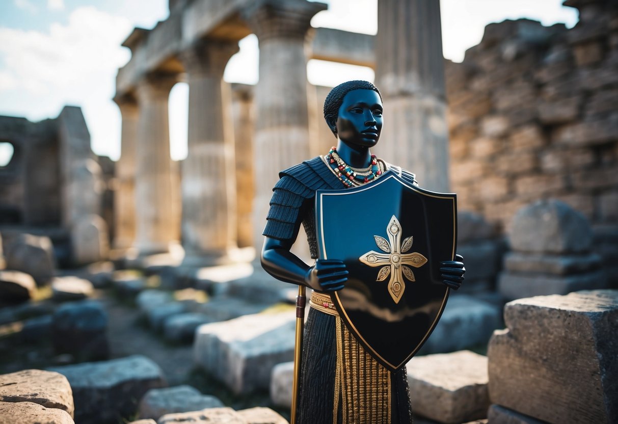 A figure holds an obsidian shield, reflecting light and truth, amidst ancient ruins