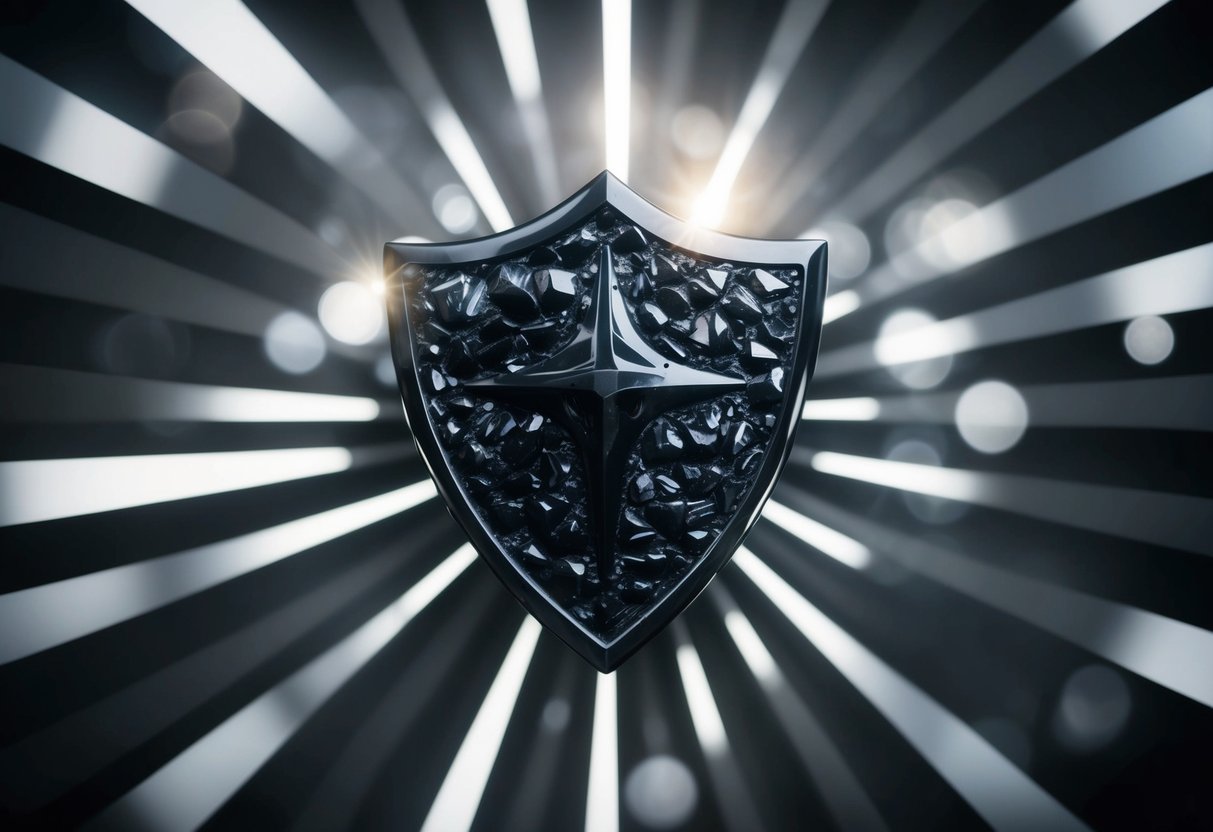 A shield made of obsidian, surrounded by rays of light, symbolizing protection and the pursuit of truth