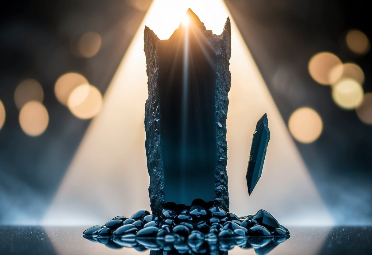 A towering obsidian shield deflects a beam of light, while a smaller shard reveals hidden truths