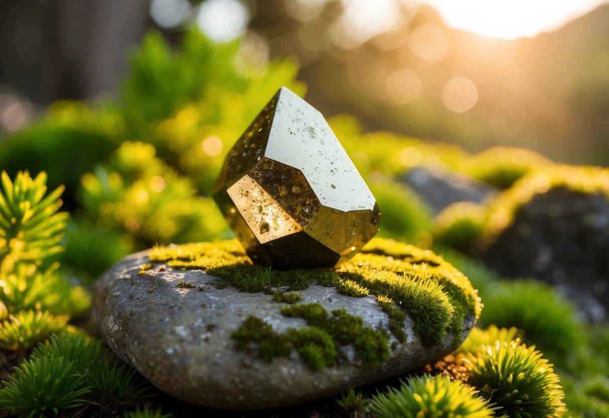 A pyrite crystal sits on a mossy rock, surrounded by lush greenery and bathed in warm sunlight