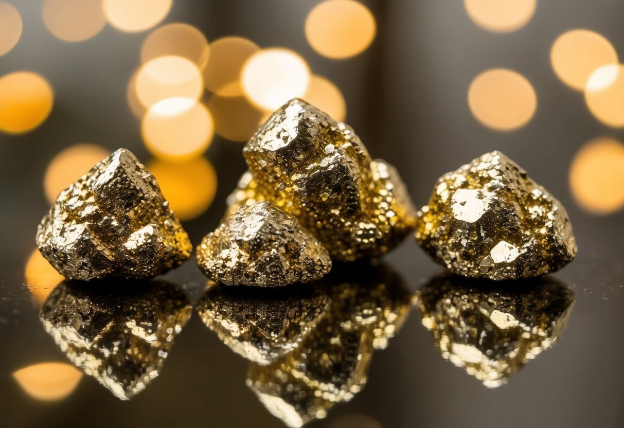 A cluster of pyrite crystals gleam in the soft light, their golden surfaces reflecting the surrounding world with a captivating allure