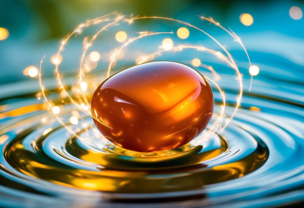 A vibrant carnelian stone surrounded by swirling energy, emanating motivation and creativity in a tranquil setting