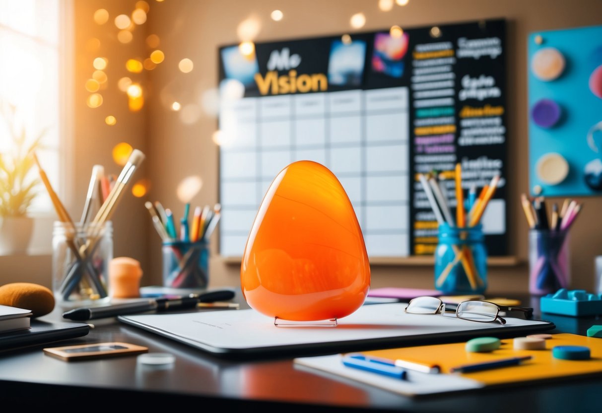 A bright orange carnelian stone sits atop a desk, surrounded by art supplies and a vision board, emanating energy and inspiration