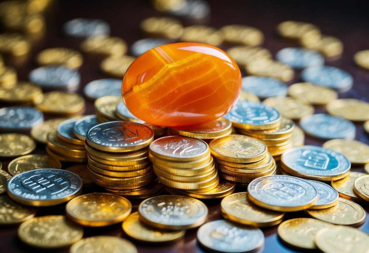 A vibrant carnelian stone sits atop a pile of gold coins, surrounded by symbols of abundance and creativity
