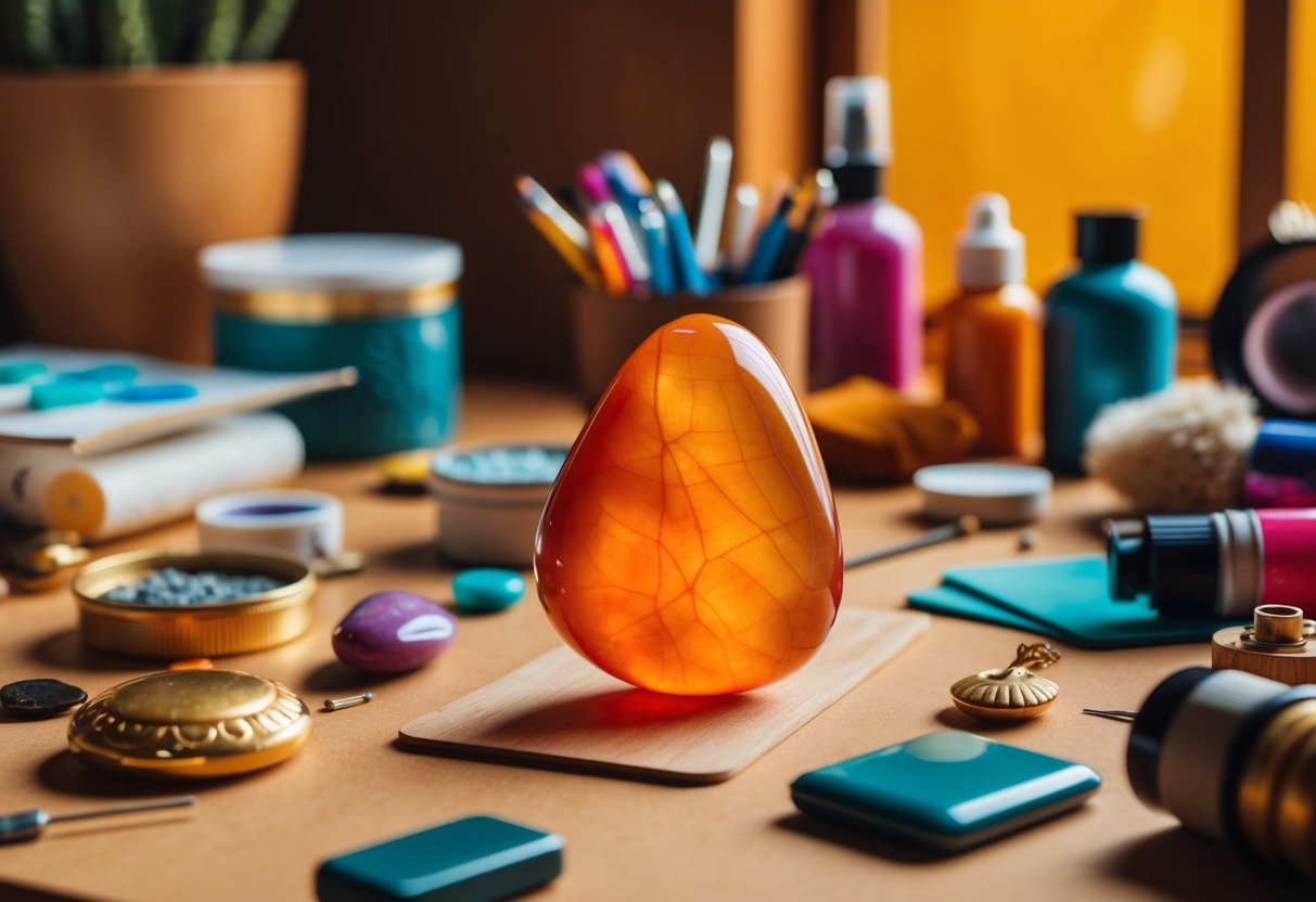 A vibrant carnelian stone sits among scattered art supplies, inspiring creativity and motivation in a warm, inviting space