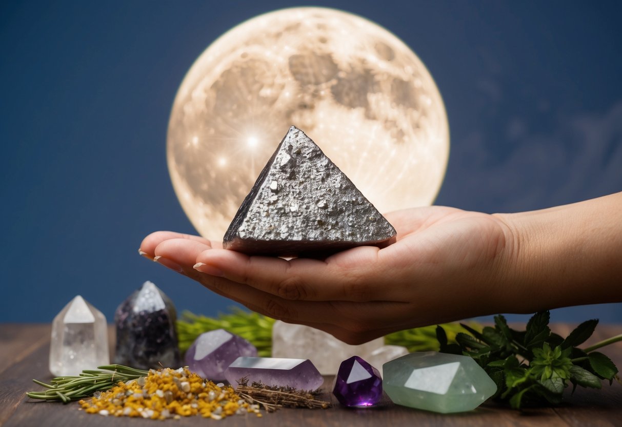 A hand placing pyrite under a full moon, surrounded by cleansing herbs and crystals