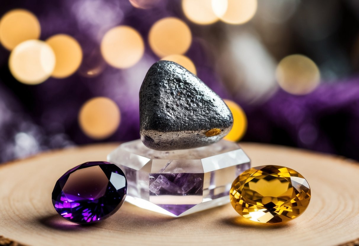 A pyrite stone sits atop a quartz crystal, surrounded by amethyst and citrine. A protective shield emanates from the pyrite, while the other stones exude a sense of manifestation