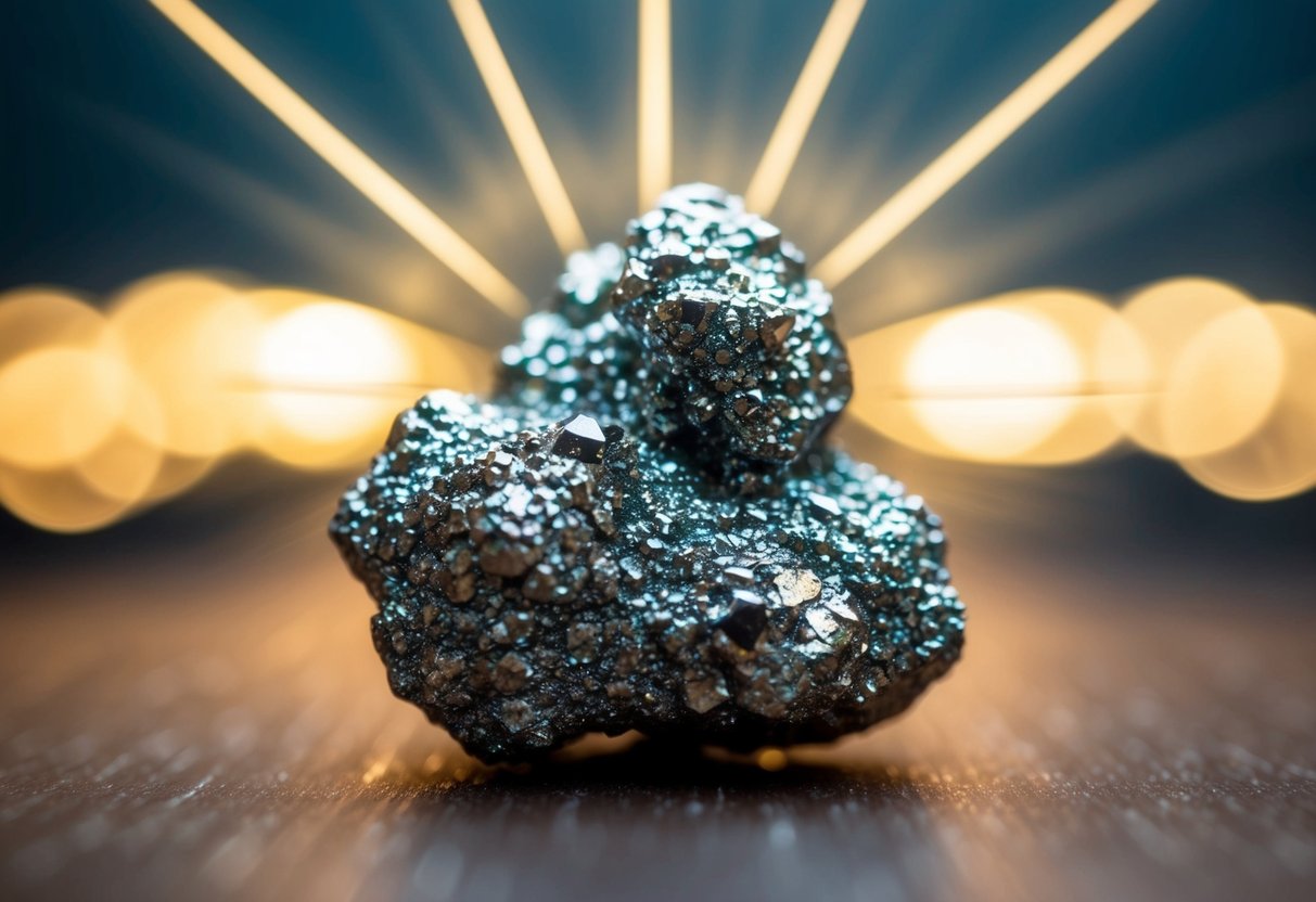 A pyrite cluster surrounded by a glowing aura, with beams of light radiating outward and forming a protective shield