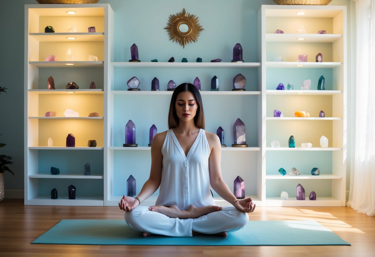 A serene, sunlit room with shelves adorned with birthstone and crystal-infused decor. A person meditates surrounded by the soothing energy