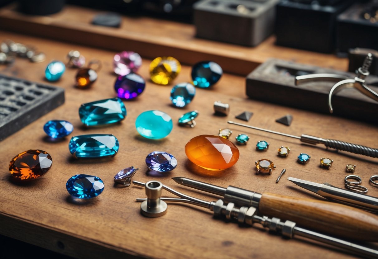 A collection of colorful gemstones and jewelry-making tools spread out on a wooden workbench