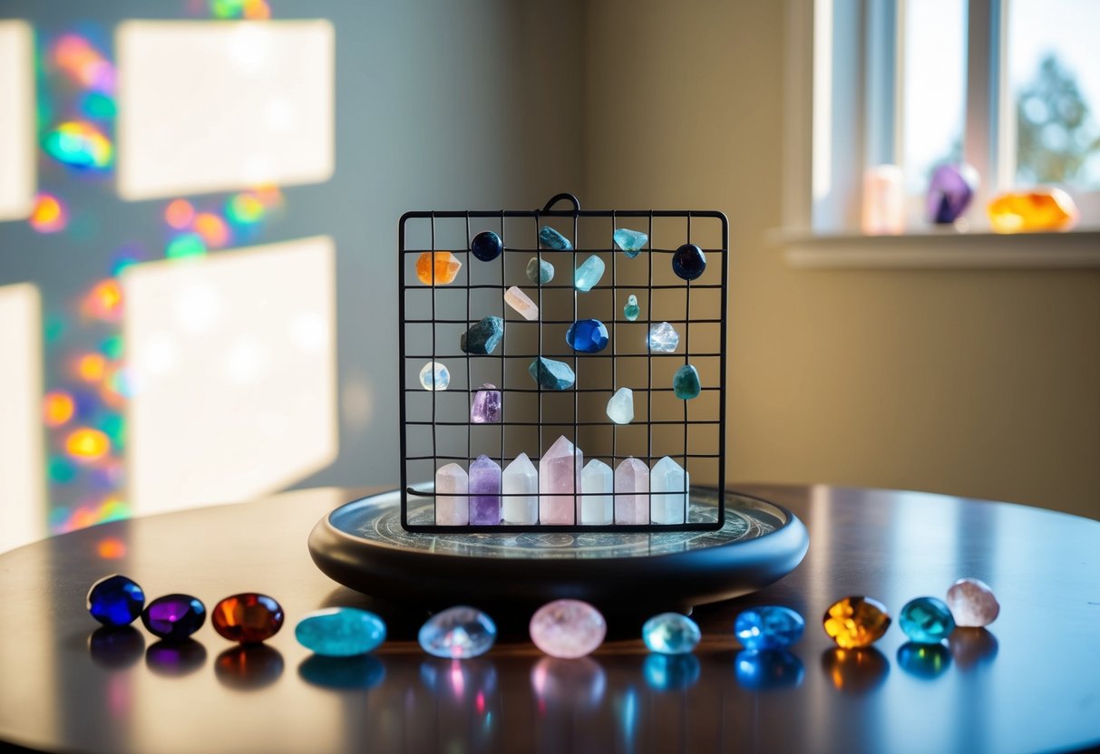 A serene, sunlit room with a crystal grid on a table, surrounded by various birthstones and crystals. A gentle glow emanates from the stones, casting colorful reflections on the walls