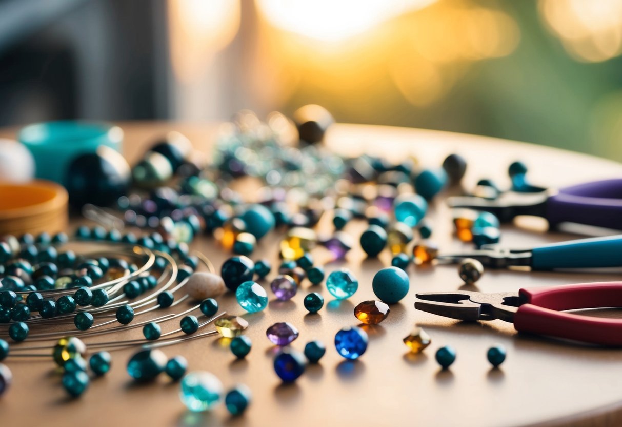 A table scattered with beads, wires, pliers, and gemstones for creating birthstone jewelry