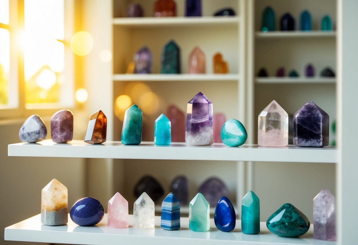 A serene, sunlit room with shelves of colorful crystals and birthstones arranged in various formations. A soft glow emanates from the stones, creating an atmosphere of peace and tranquility