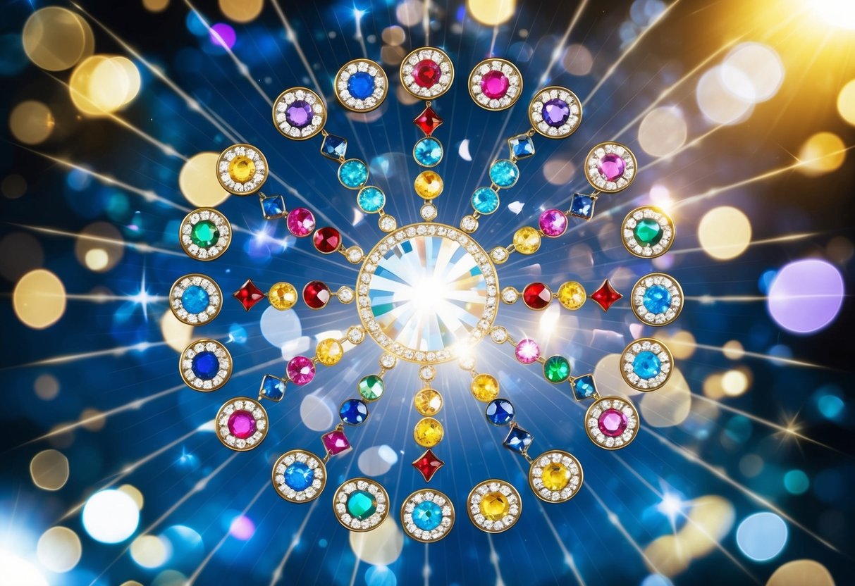 A sparkling wheel of birthstones and zodiac symbols orbiting around a central crystal, radiating energy and light