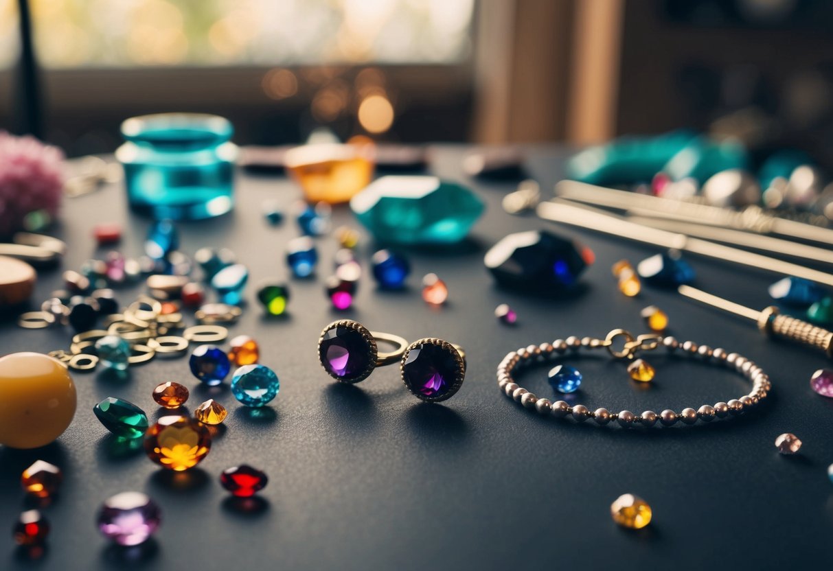 A table scattered with colorful gemstones, beads, and jewelry-making tools. A pair of birthstone earrings and a bracelet in progress