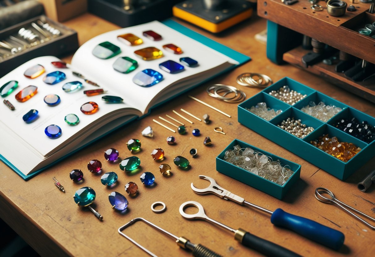 A workbench with various tools, colorful gemstones, and metal wires laid out for creating birthstone jewelry. A book of advanced techniques is open nearby