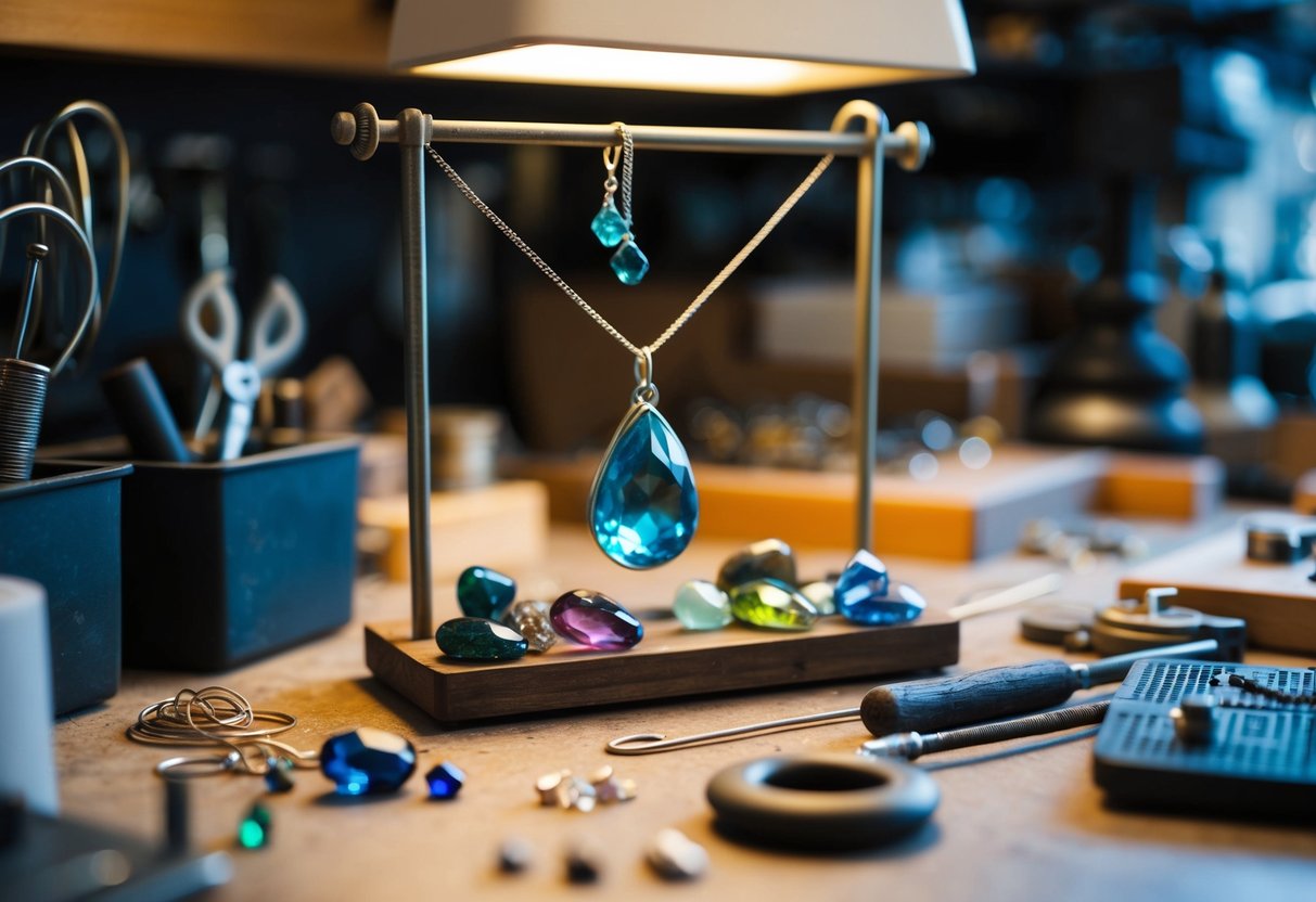 A workbench cluttered with gemstones, wire, and tools. A handcrafted birthstone necklace hangs from a stand, surrounded by unfinished projects