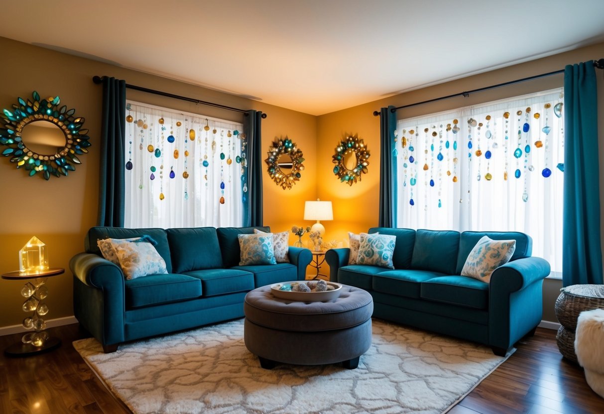 A cozy living room adorned with birthstone and crystal decorations, casting a warm and inviting energy throughout the space