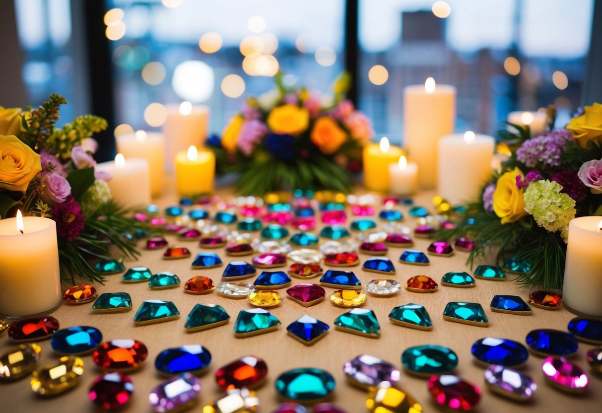 A table covered in colorful birthstones arranged in a geometric pattern with candles and flowers around it