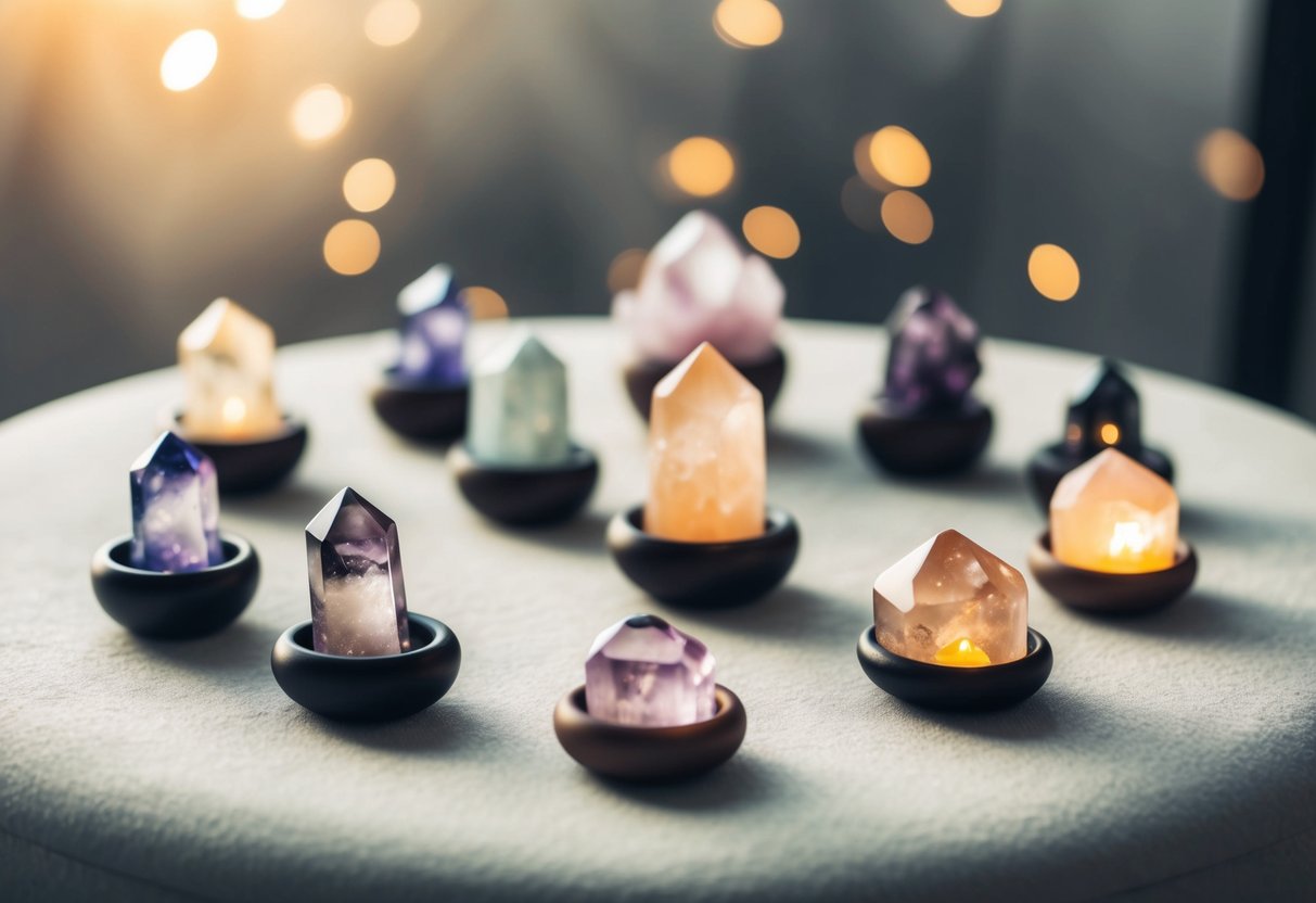 A serene meditation space with various crystals arranged on a soft, textured surface, each emitting a gentle glow and exuding a sense of calm and tranquility