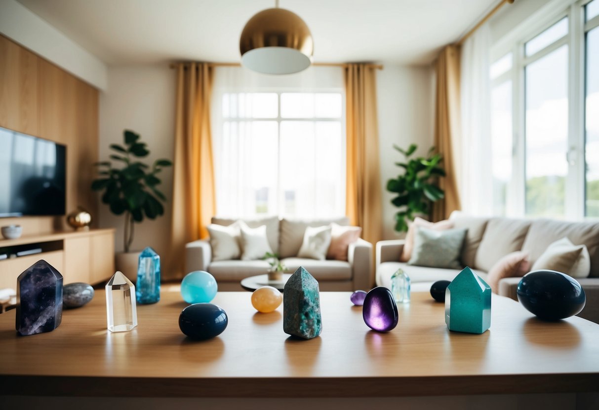 A cozy living room with natural light streaming in, adorned with various crystals and birthstones placed strategically around the space to enhance the energy flow