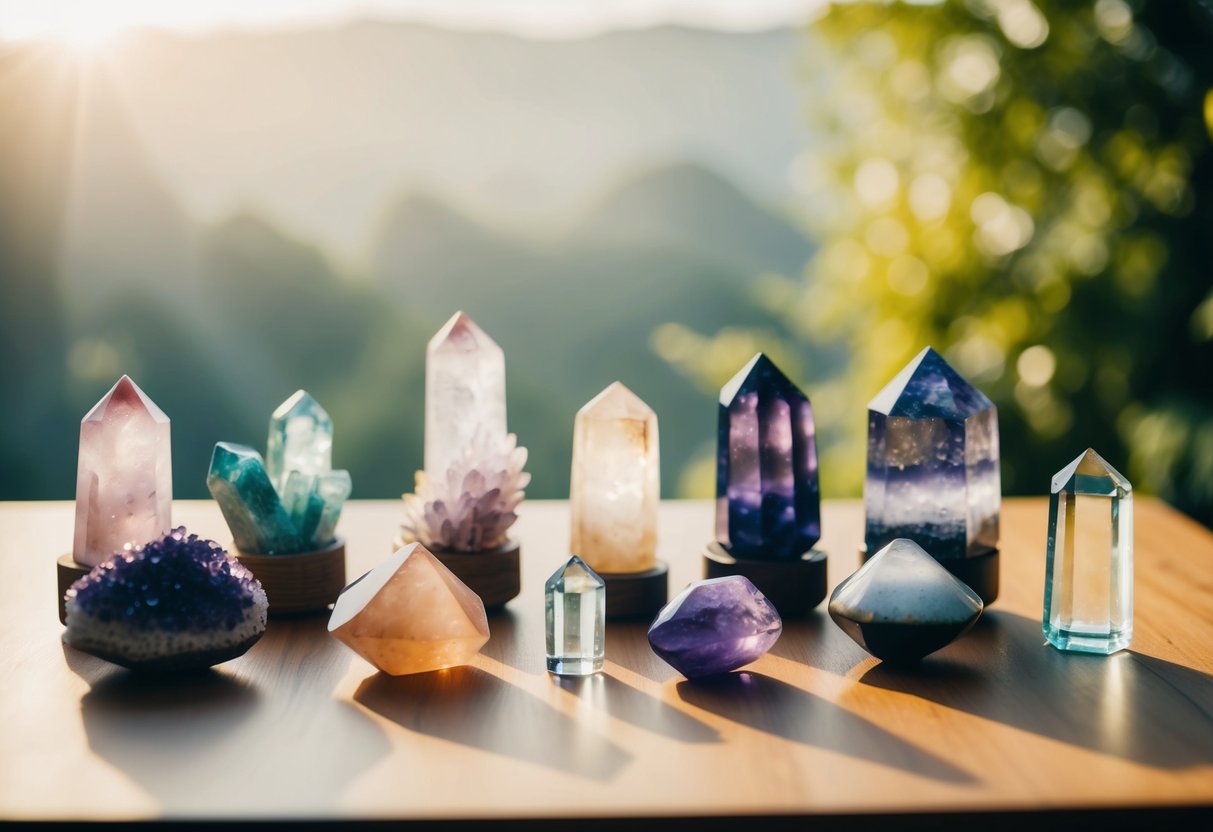 A collection of various crystals arranged on a wooden table, with soft natural light shining on them, creating a serene and peaceful atmosphere