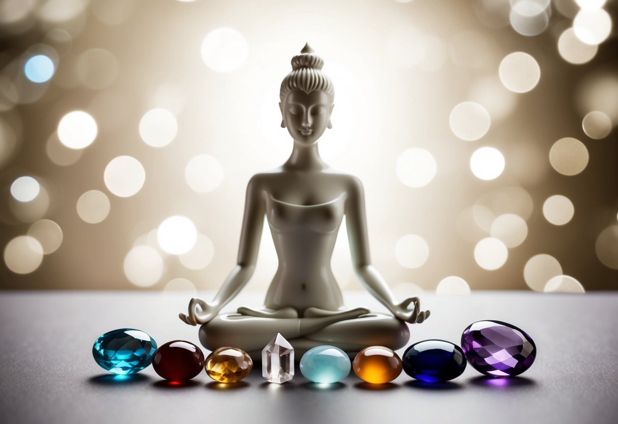 A serene figure surrounded by various birthstones and crystals, sitting in meditation with a focused and peaceful expression