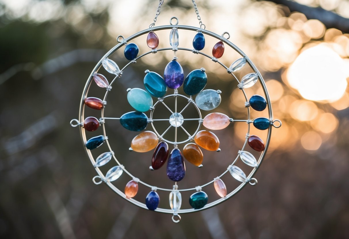 A circular crystal grid with birthstones arranged in specific patterns for different intentions