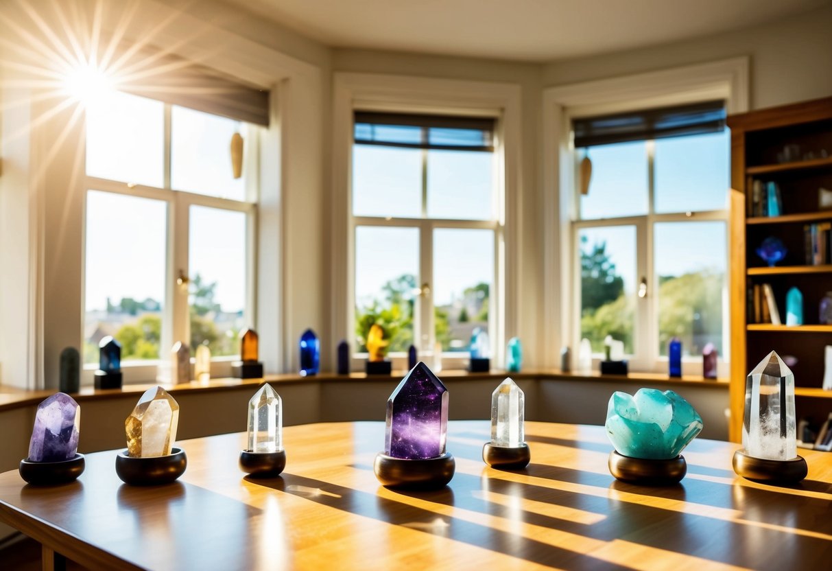 A sunlit room with various crystals placed strategically around the space, such as on windowsills, bookshelves, and tables. The crystals reflect the light and create a peaceful, energized atmosphere
