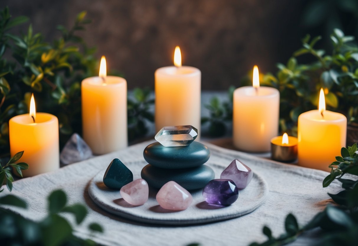 A serene meditation space with crystals arranged on a soft cloth, surrounded by flickering candles and lush greenery