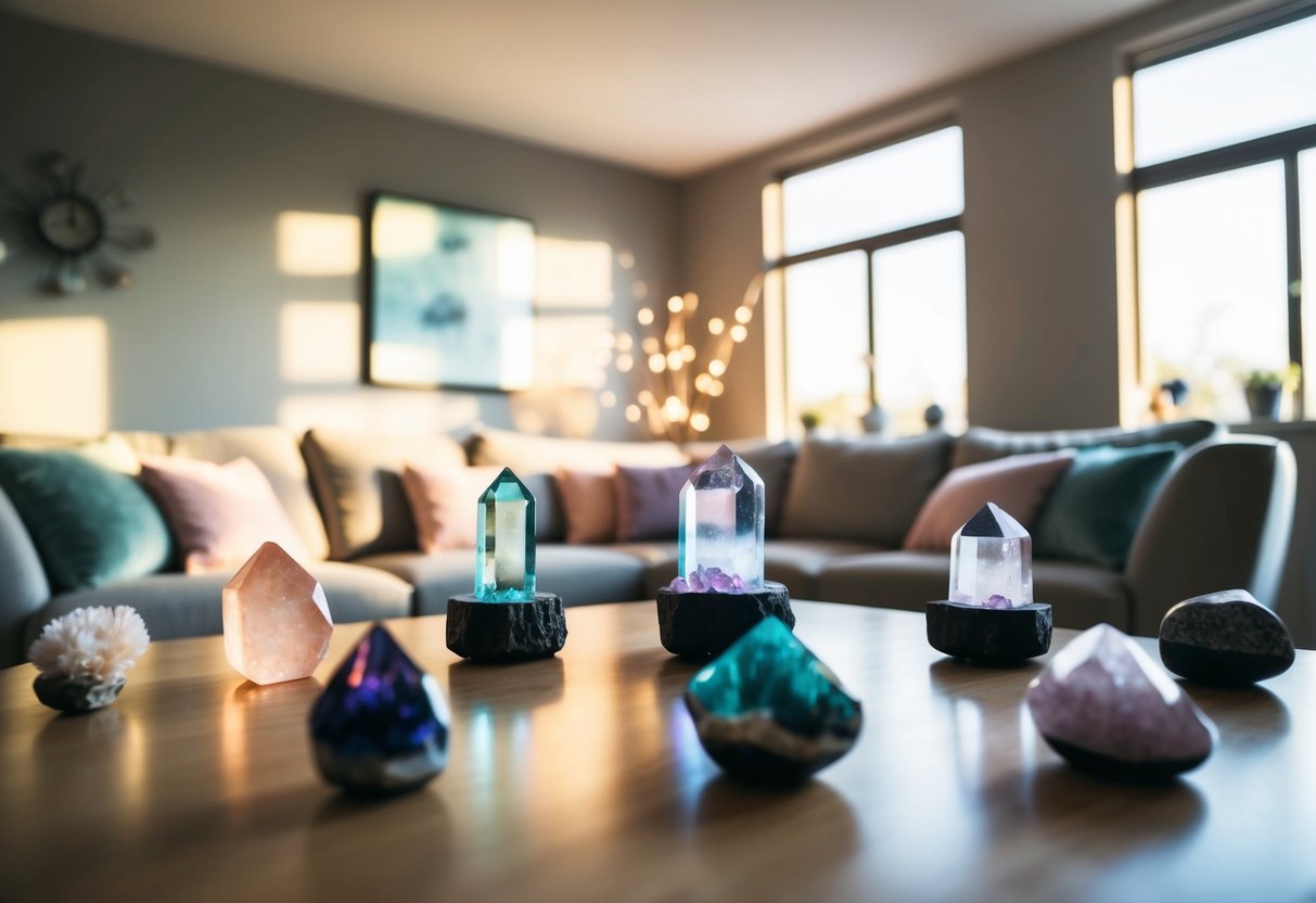 A serene living room with various crystals placed strategically around the space, catching the sunlight and emitting a soft, colorful glow
