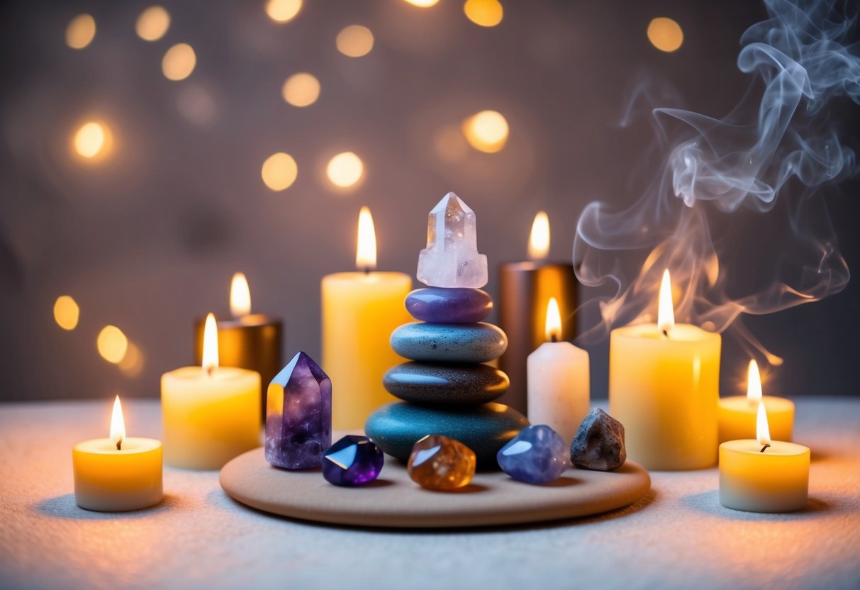 A serene meditation space with various crystals arranged on a soft, earthy surface, surrounded by flickering candles and incense, creating a peaceful and harmonious atmosphere