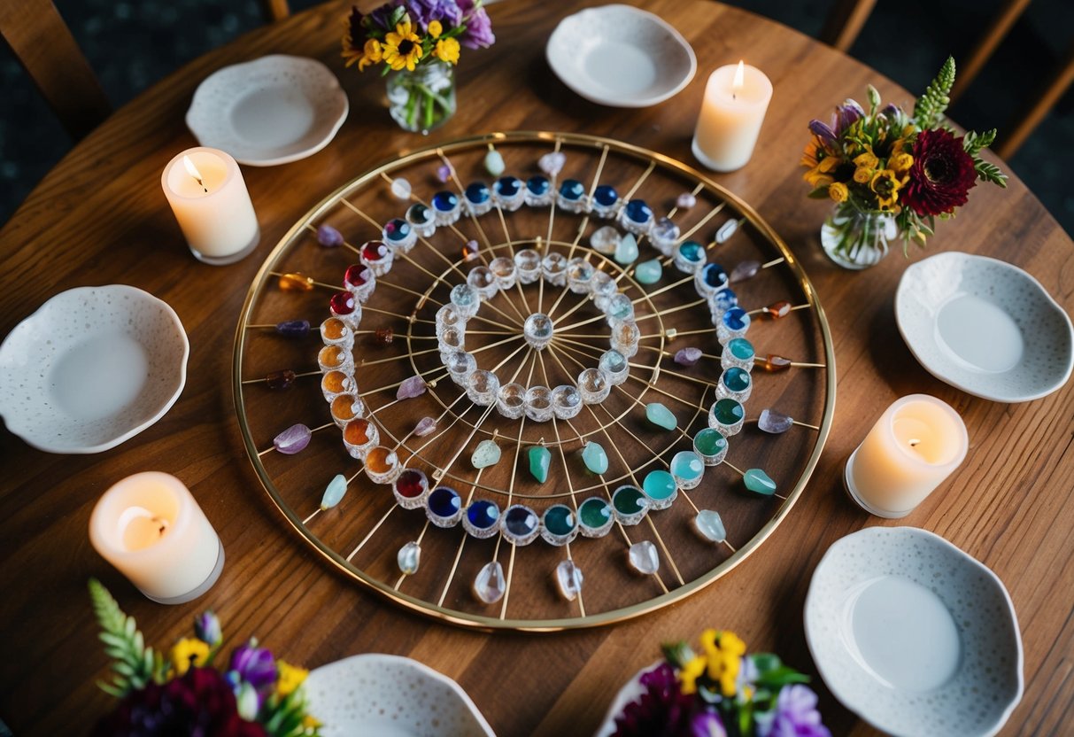 A circular crystal grid with birthstones arranged in specific patterns, surrounded by candles and flowers on a wooden table