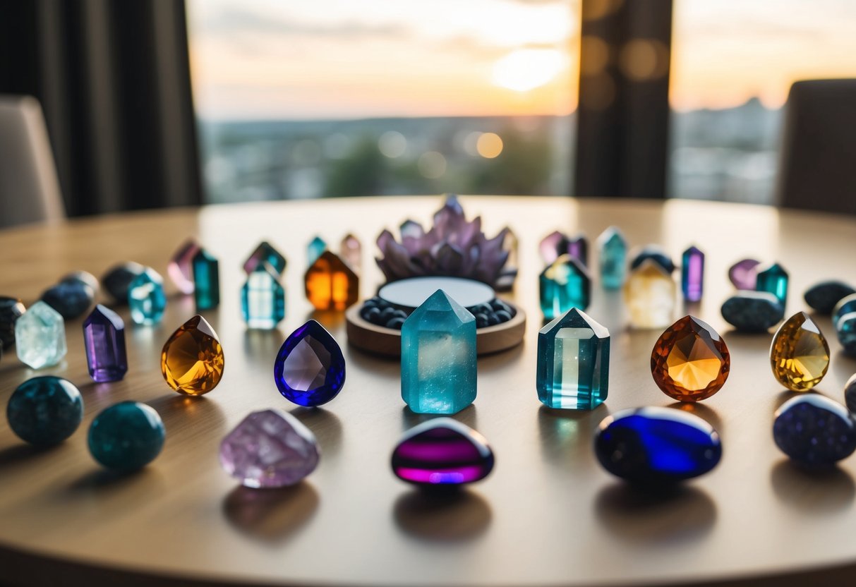 A table adorned with various birthstone crystals arranged in specific patterns for different intentions