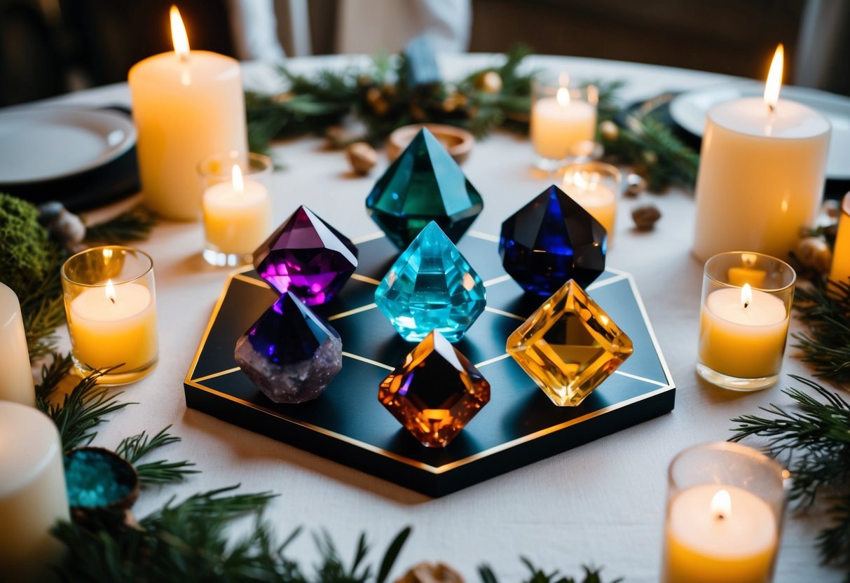 A table with various birthstone crystals arranged in a geometric pattern, surrounded by candles and natural elements