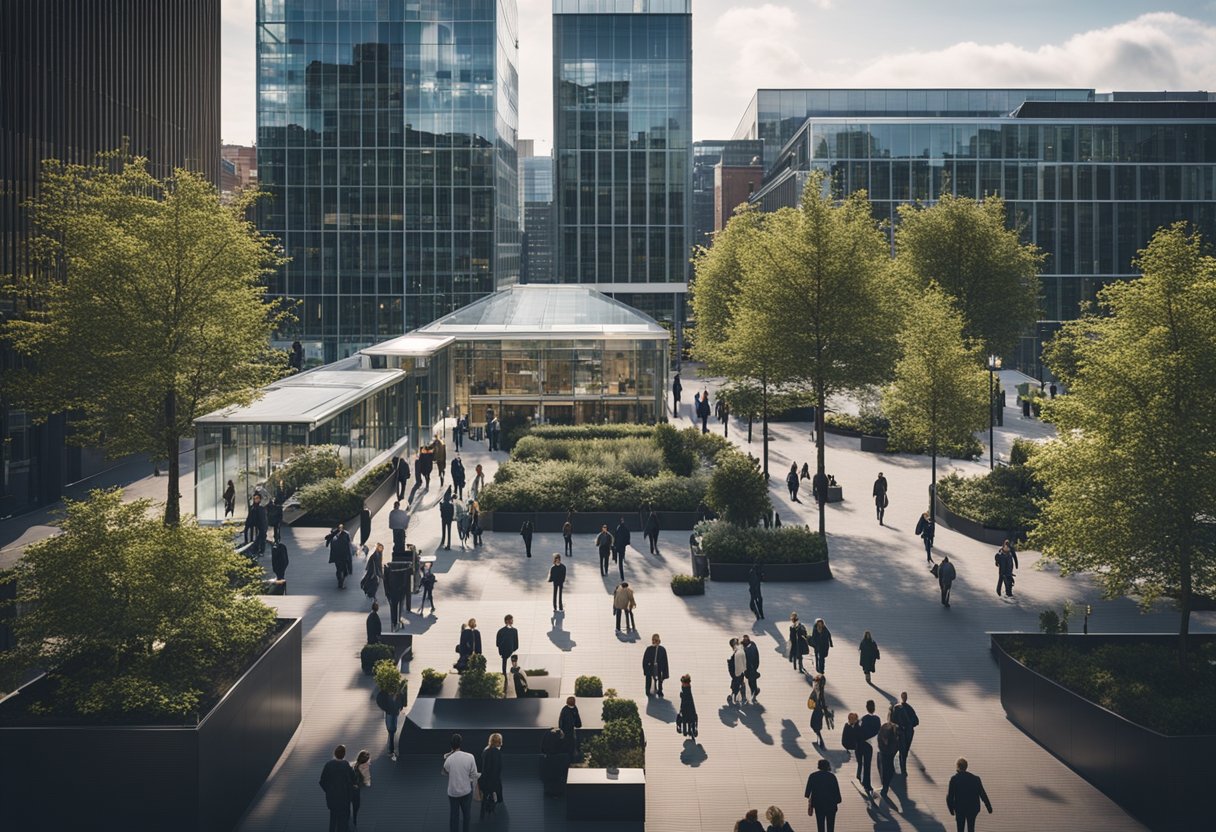 A bustling financial district in the Netherlands with modern office buildings and a diverse group of professionals engaged in discussions and meetings