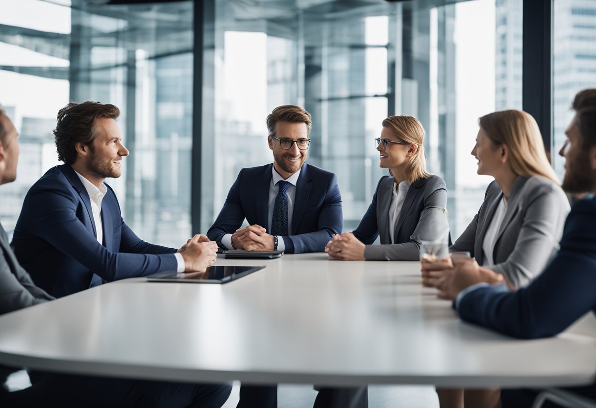 A group of professionals gathered around a conference table discussing Alternative Investment Funds in the Netherlands. Charts and graphs are displayed on a screen in the background