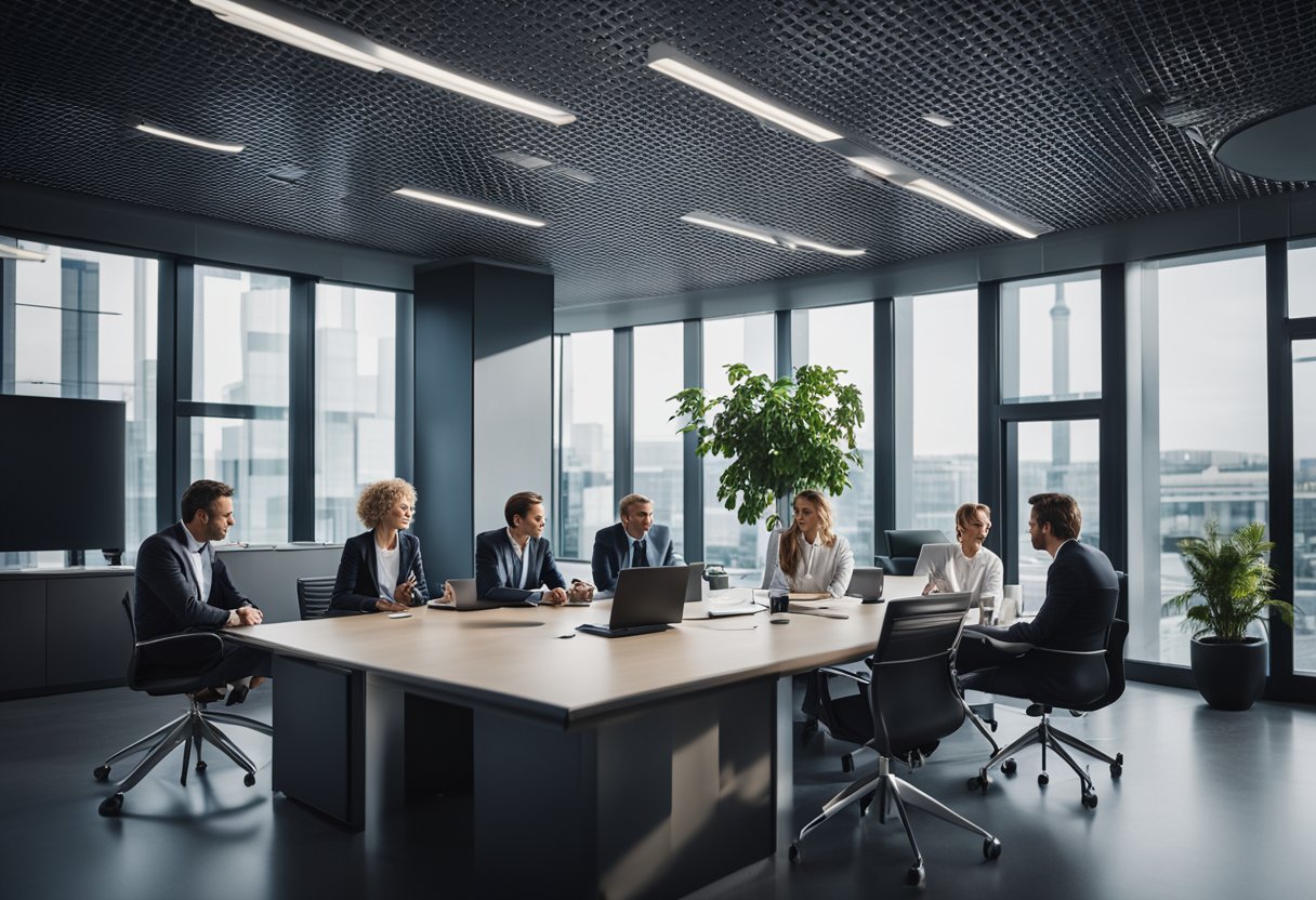 A group of financial experts discussing regulations in a modern office setting in the Netherlands