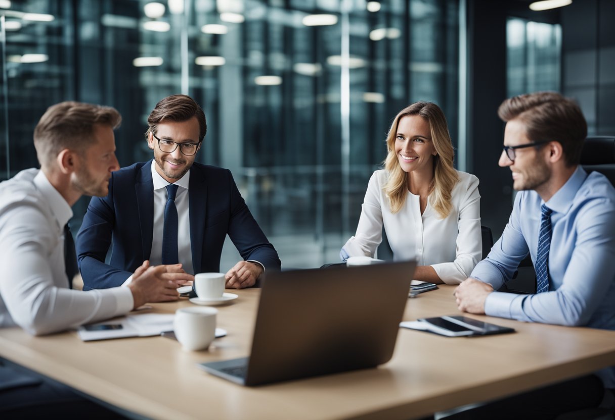 A group of financial professionals sit around a table in a modern office, discussing fund structures and formation of alternative investment funds in the Netherlands