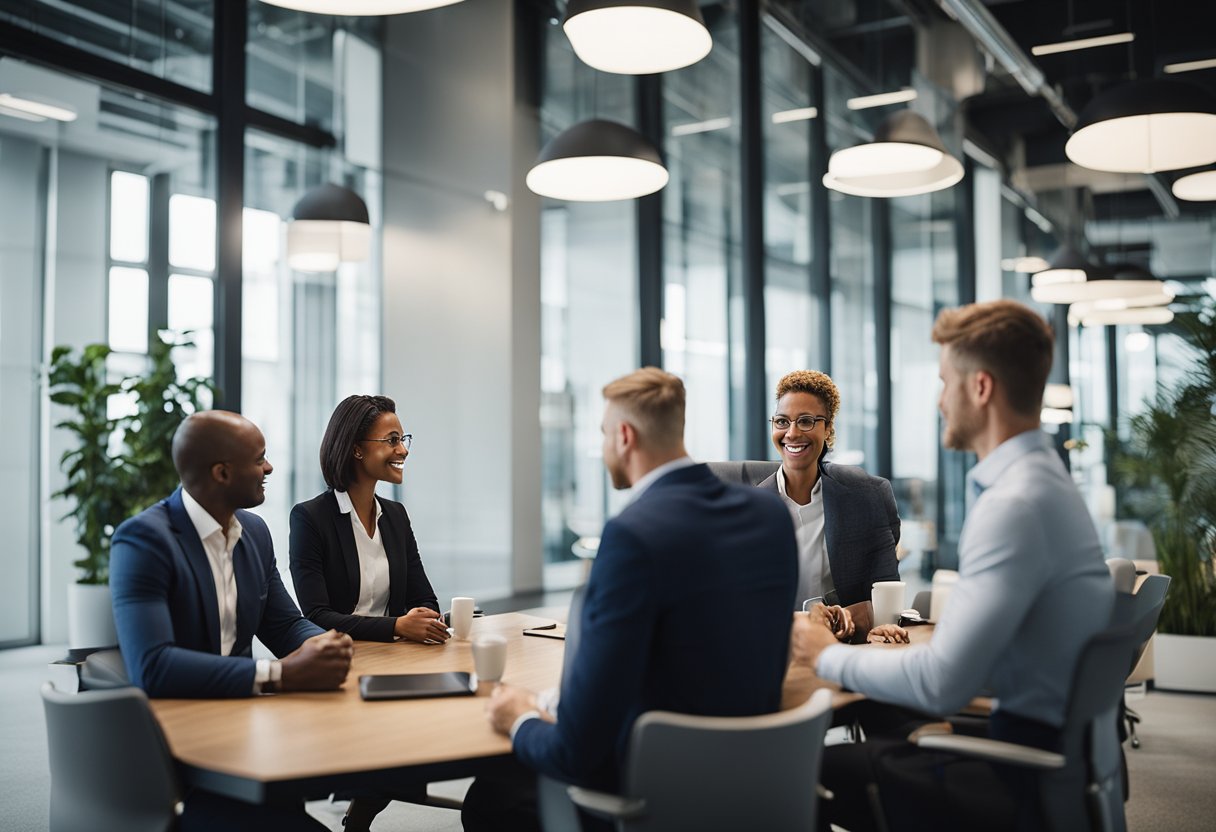 A group of diverse investment professionals discussing alternative investment funds in a modern office setting in the Netherlands
