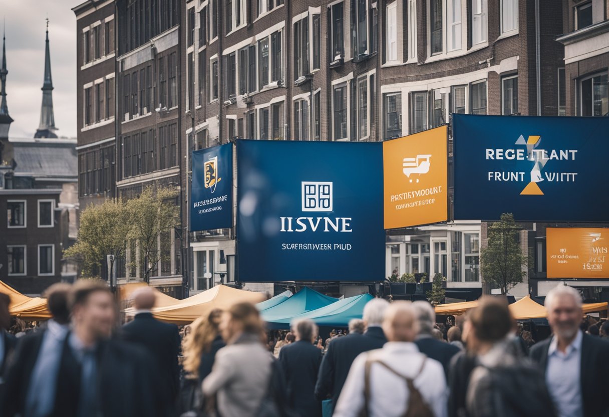 A bustling market square with various investment fund logos displayed on banners and signs, surrounded by eager investors and fund managers in the Netherlands