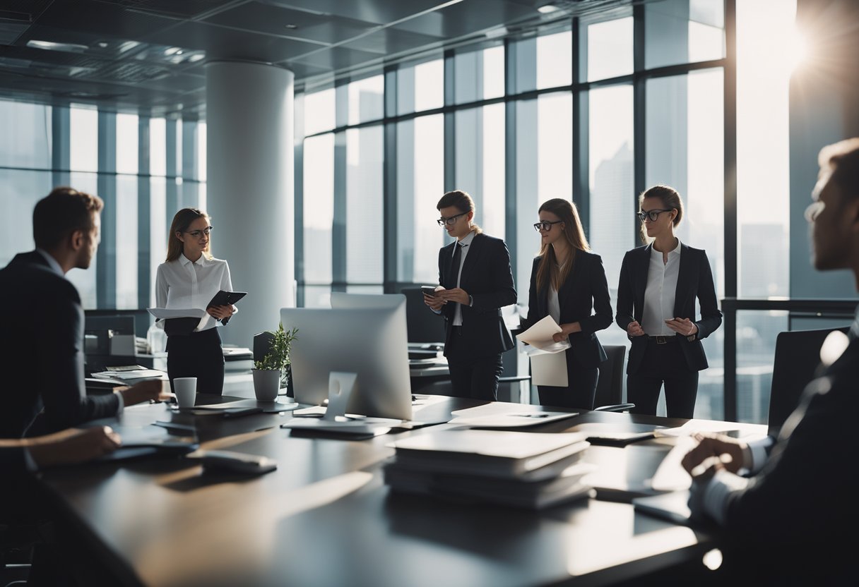 A group of professionals studying financial documents and regulations in a modern office setting