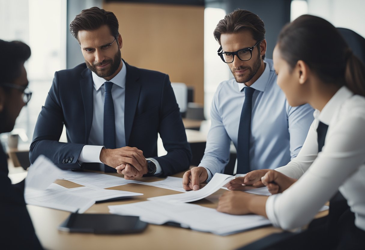 A group of professionals in business attire discussing and reviewing documents in a modern office setting