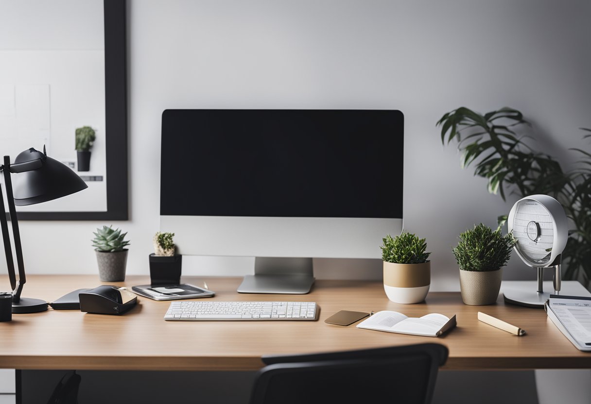 A desk with a computer, paperwork, and a framed Australian Financial Services Licence displayed prominently on the wall