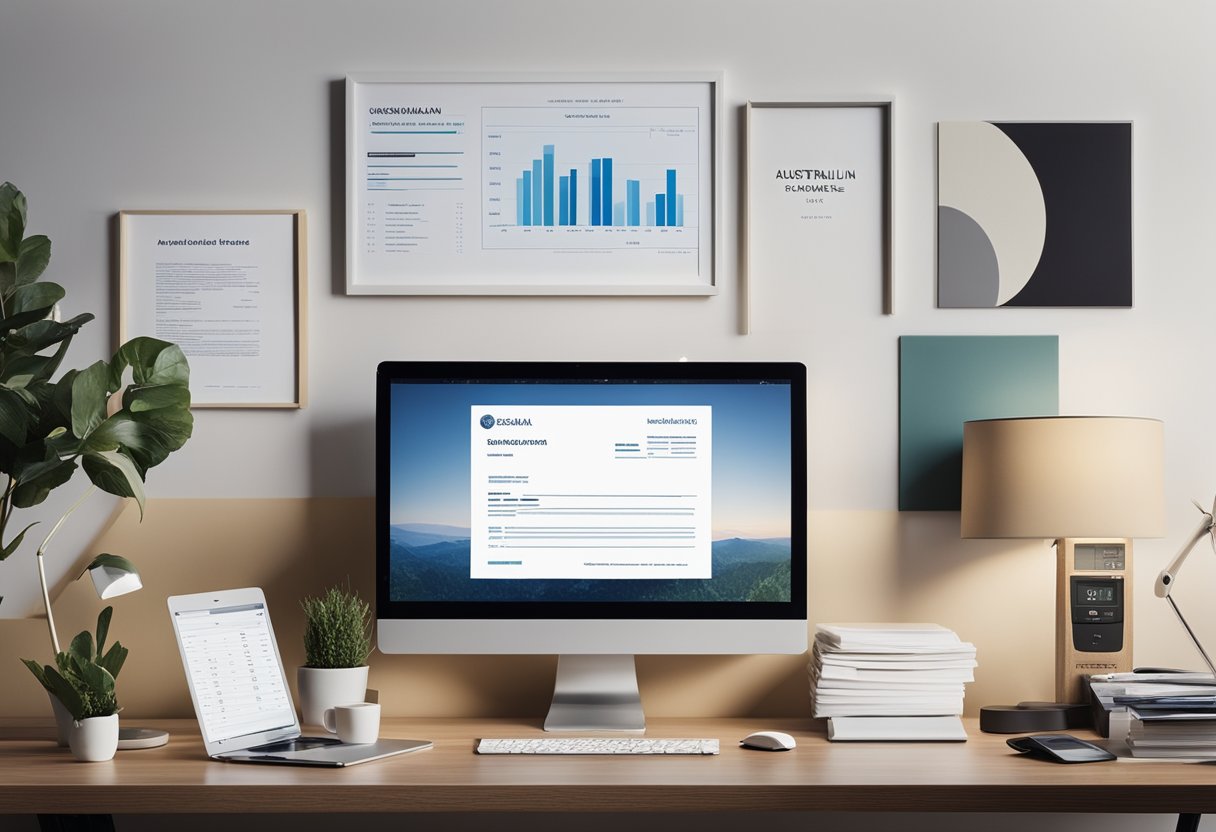A desk with a computer, paperwork, and a framed Australian Financial Services Licence on the wall
