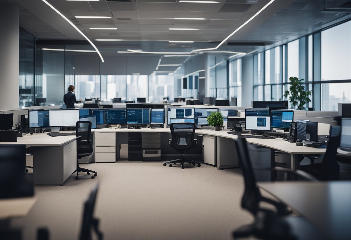 A group of diverse financial assets, from stocks and bonds to real estate and commodities, being digitally managed and monitored in a sleek, modern office setting