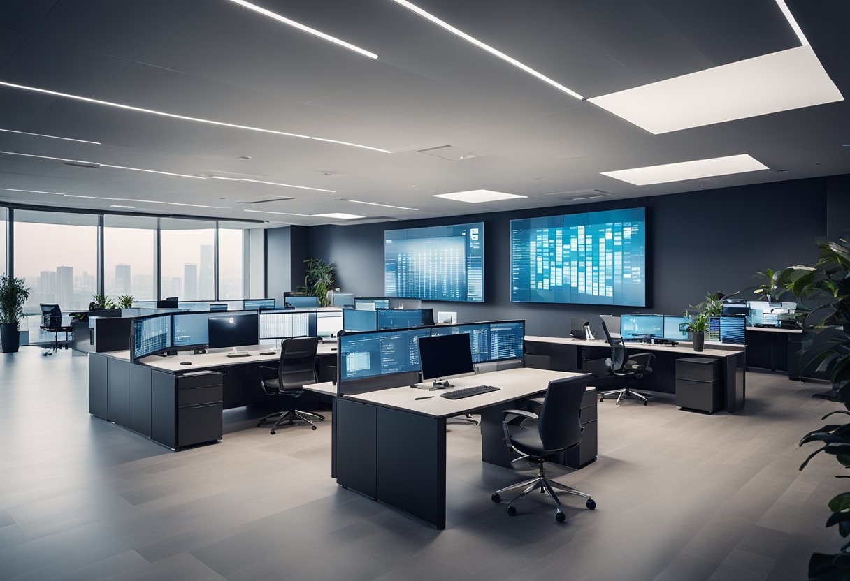 A sleek, modern office space with digital screens displaying real-time data and analytics, alongside employees utilizing advanced technology to streamline asset management processes
