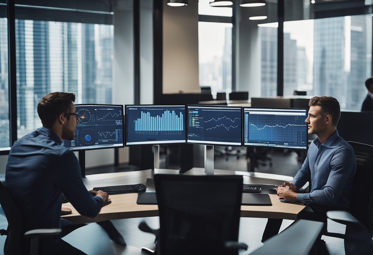 A modern office setting with computer screens displaying data analytics, charts, and graphs. A team of professionals collaborating and brainstorming on digital transformation strategies for the asset management industry