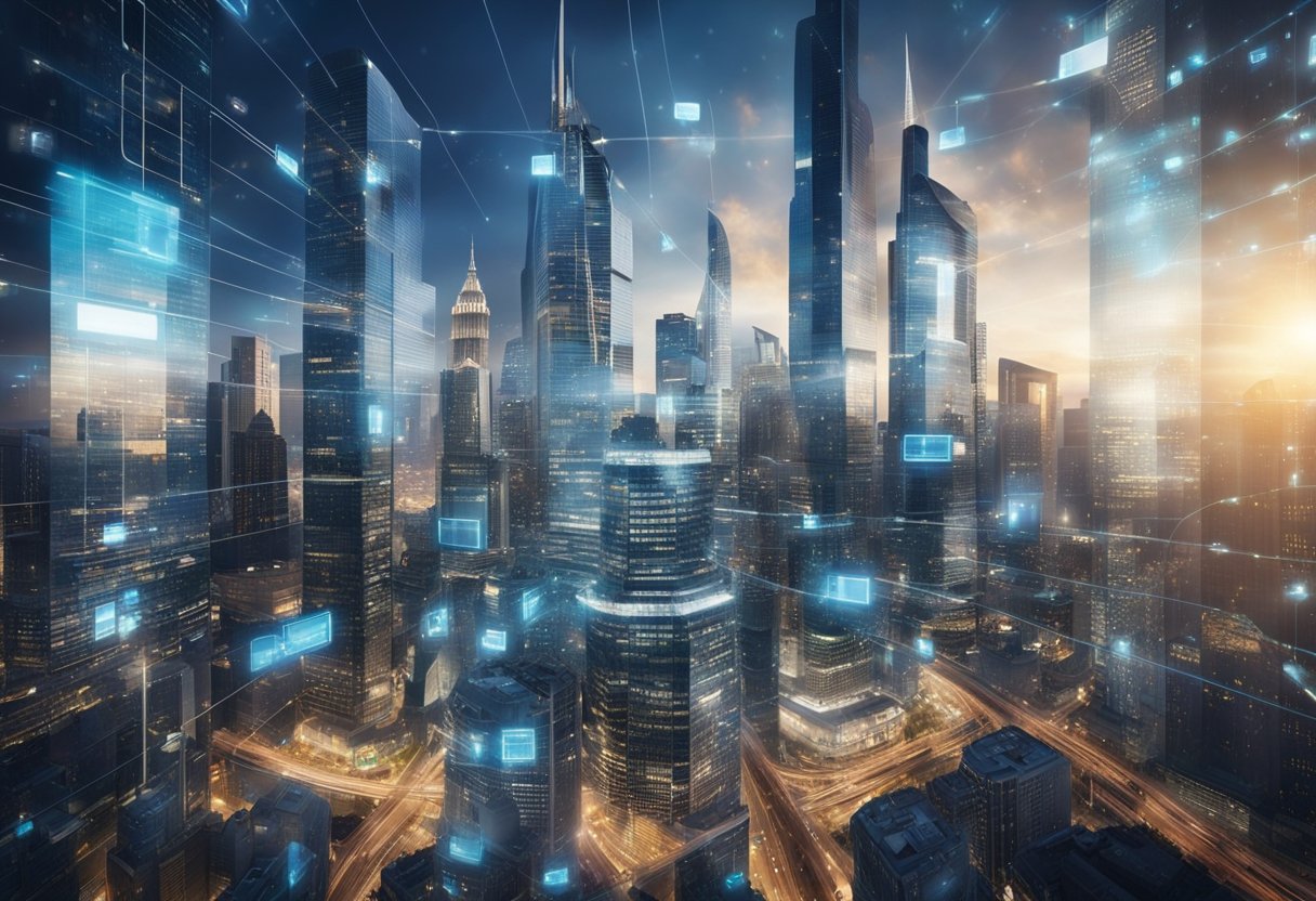 A bustling cityscape with skyscrapers and digital screens displaying financial data, surrounded by a network of interconnected digital devices and data streams