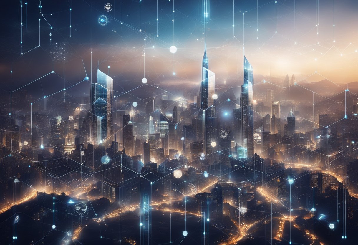 A futuristic city skyline with interconnected data networks and financial symbols